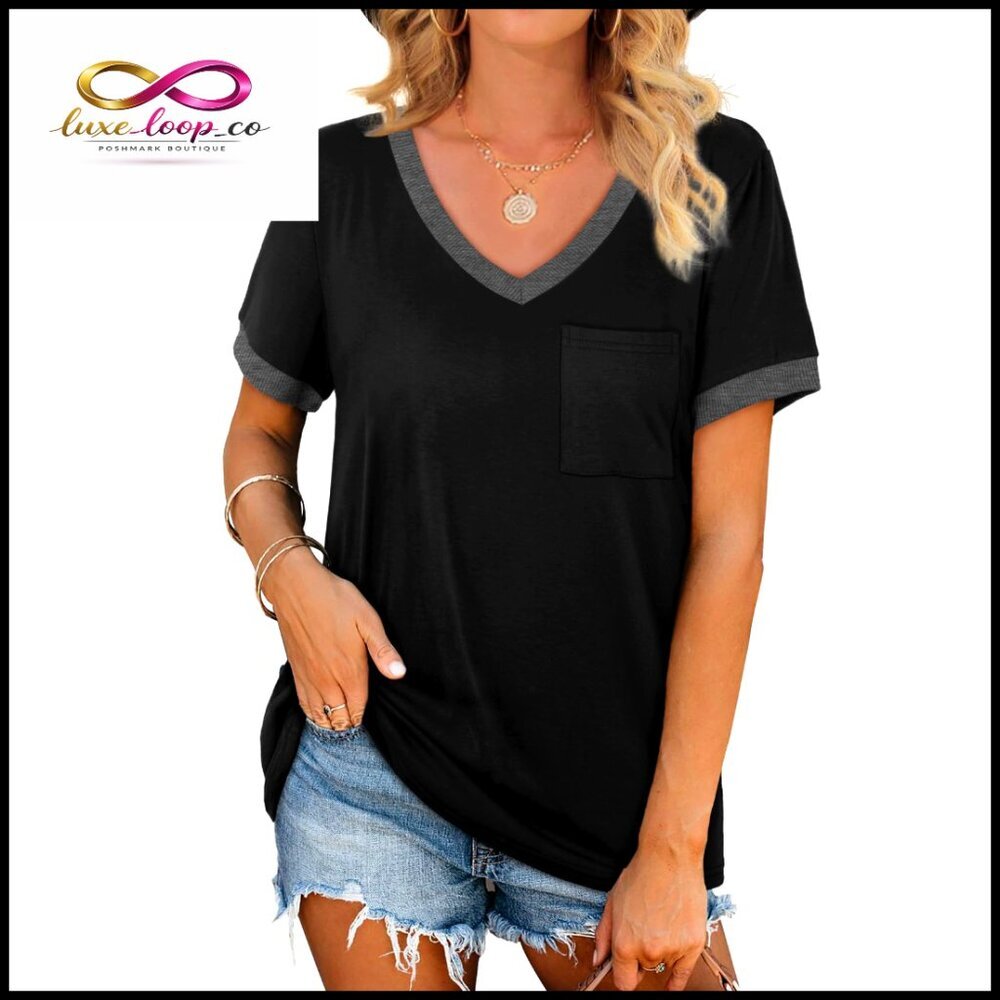 V-Neck Pocket Tee Loose Fit Short Sleeve Casual Summer Top